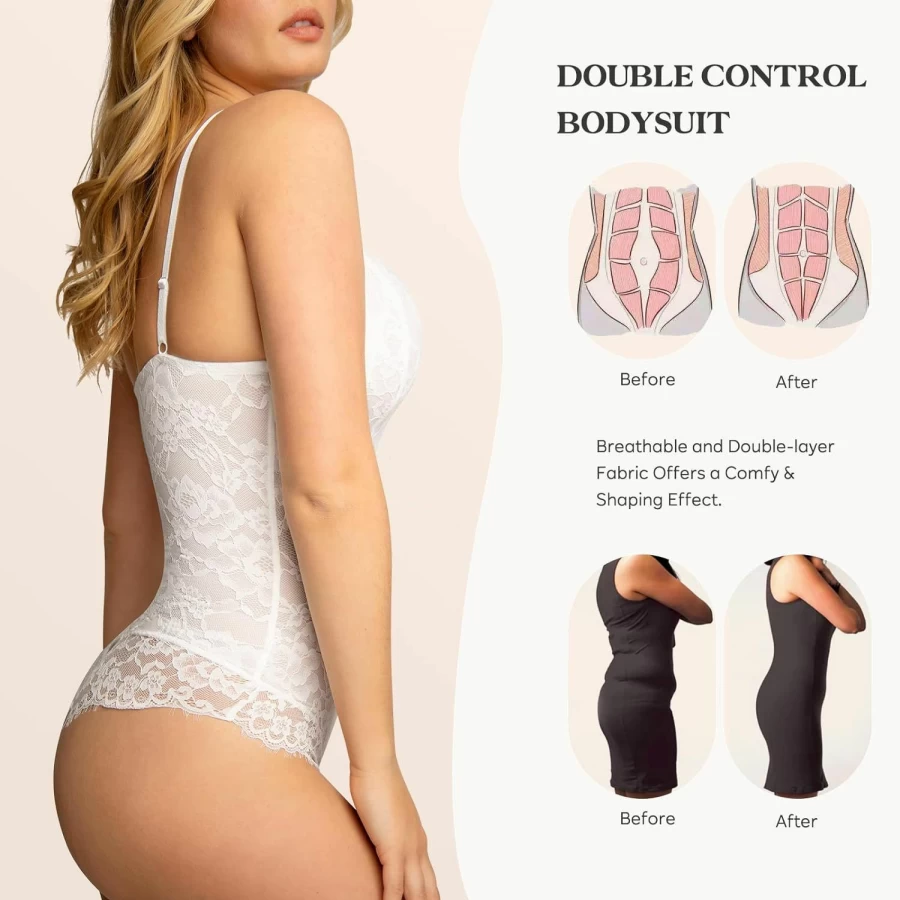 Popilush Sexy Lace Bodysuit for Women - Tummy Control Backless Thong Tank Top with V-Neck & Sleeveless Design