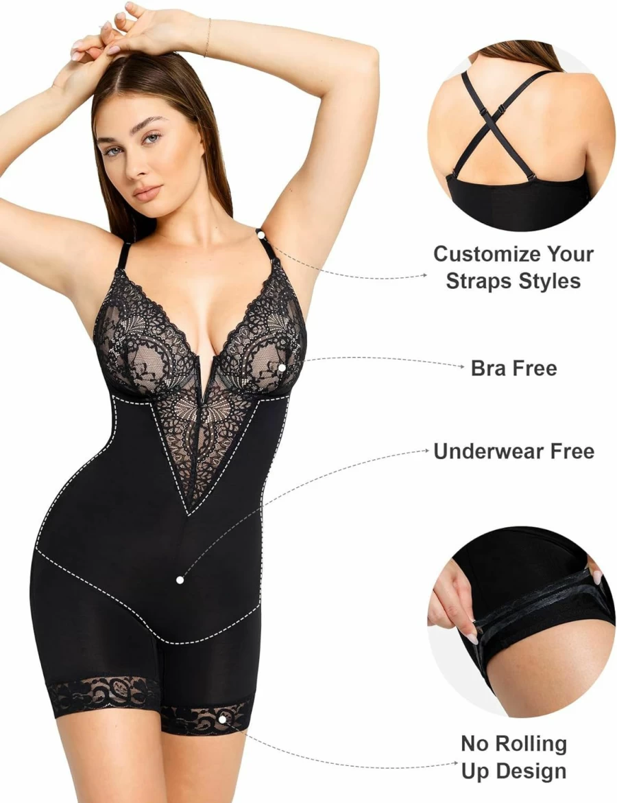 Popilush Deep V Neck Lace Bodysuit Shapewear for Women - Tummy Control Corset Top Sleeveless Faja Body Shaper for Slimming