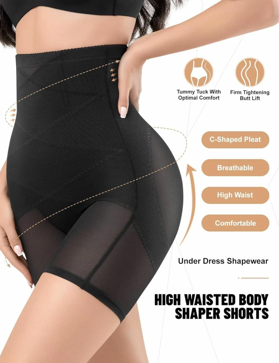 KLVEE Women's High Waisted Shapewear Shorts - Tummy Control Butt Lifting Thigh Slimmer Body Shaper Girdle Panties