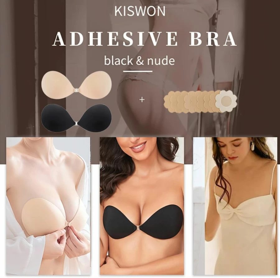 KISWON Silicone Push Up Bra Strapless Sticky Adhesive Bra Invisible Backless Nipple Covers for Women Comfortable Reusable
