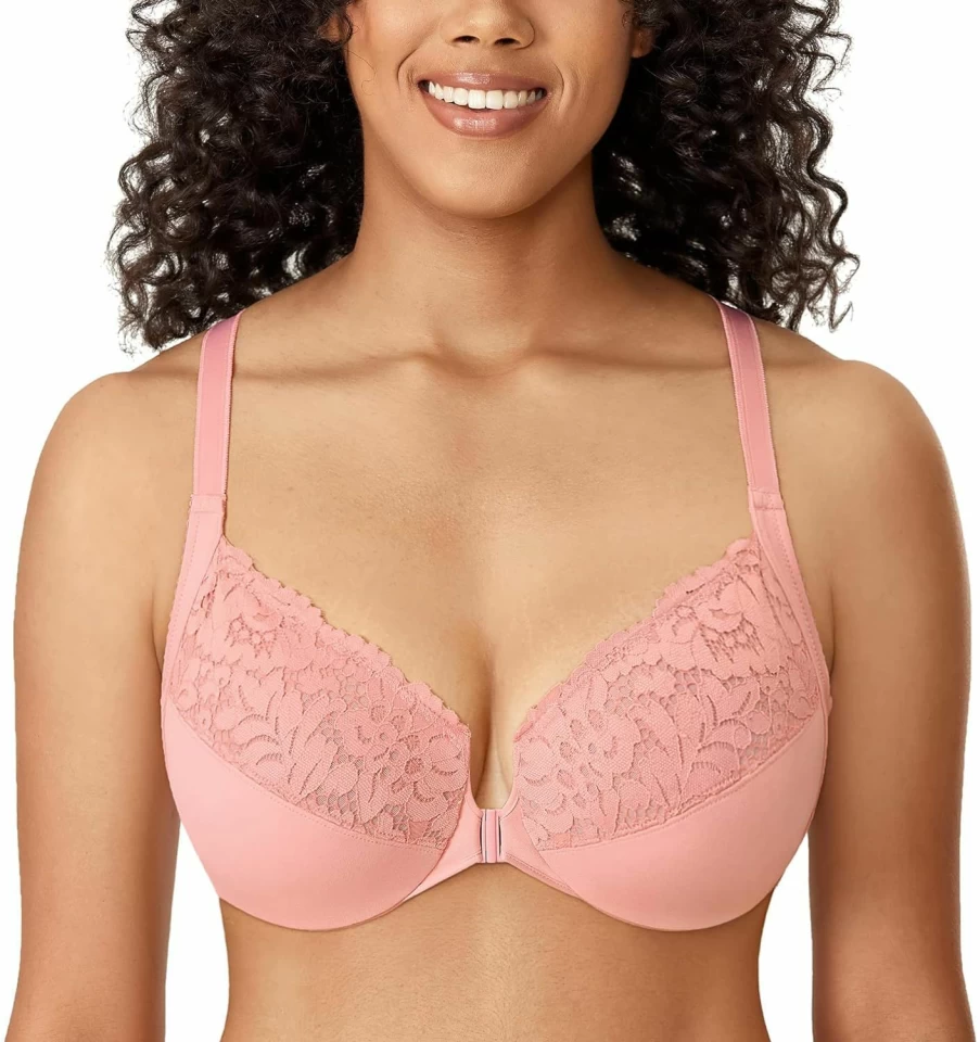 DELIMIRA Plus Size Front Closure Lace Underwire Bra - Full Coverage Racerback Bra for Women