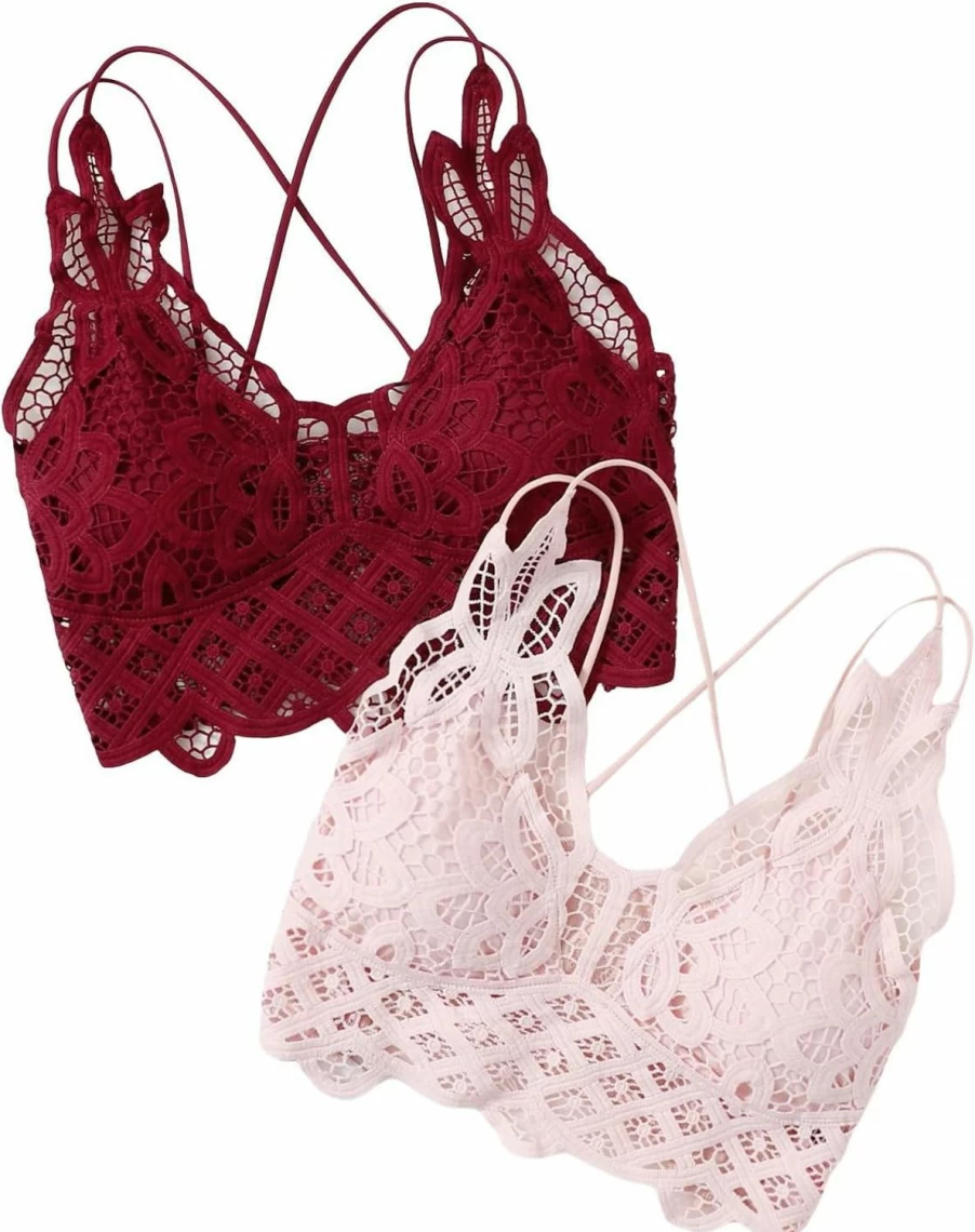 Floerns Women's Lace Bralette Top - Sexy V-Neck Criss Cross Back Crop Top for Women