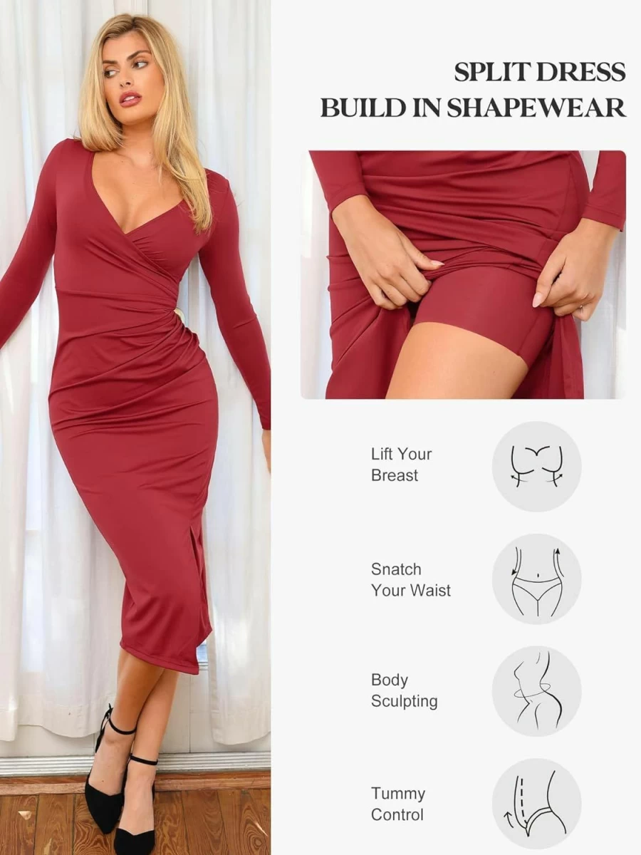 Popilush Women's Bodycon Shaper Dress with Built-In Shapewear - Ruched Formal Dress 2024
