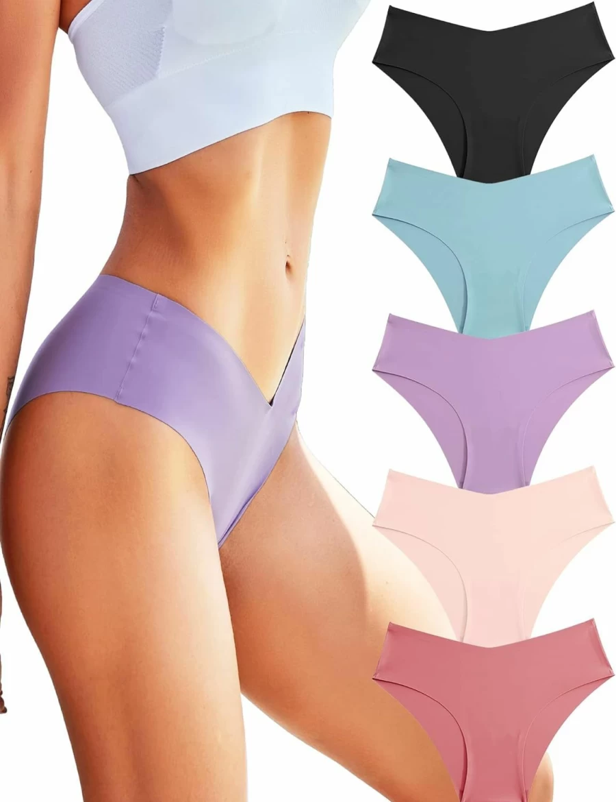ROSYCORAL Women's Seamless Underwear 5 Pack - Soft Stretch No Show Bikini Panties, Hipster V Cut Cheeky Briefs, XS-L Invisible Comfort