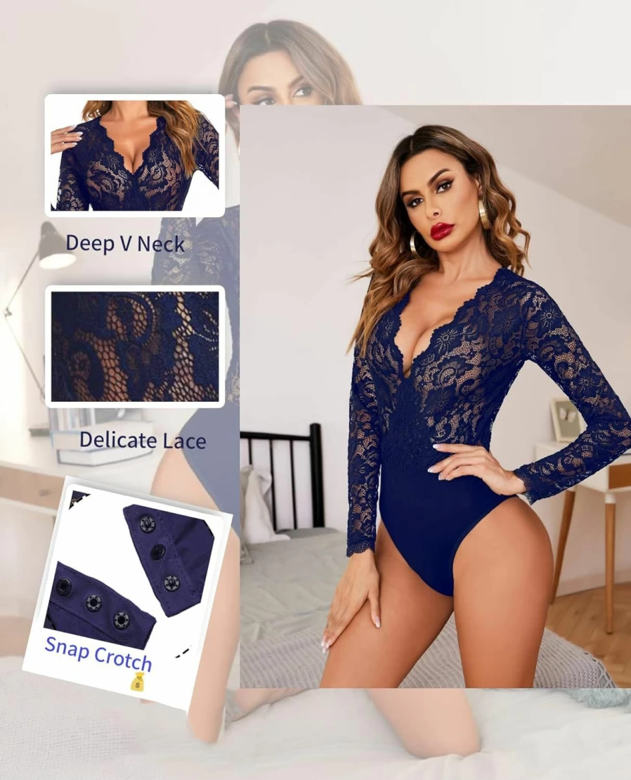 Avidlove Women's Sexy Lace Deep V-Neck Short Sleeve Bodysuit - Snap Button Crotch Leotard Top (S-XXL)