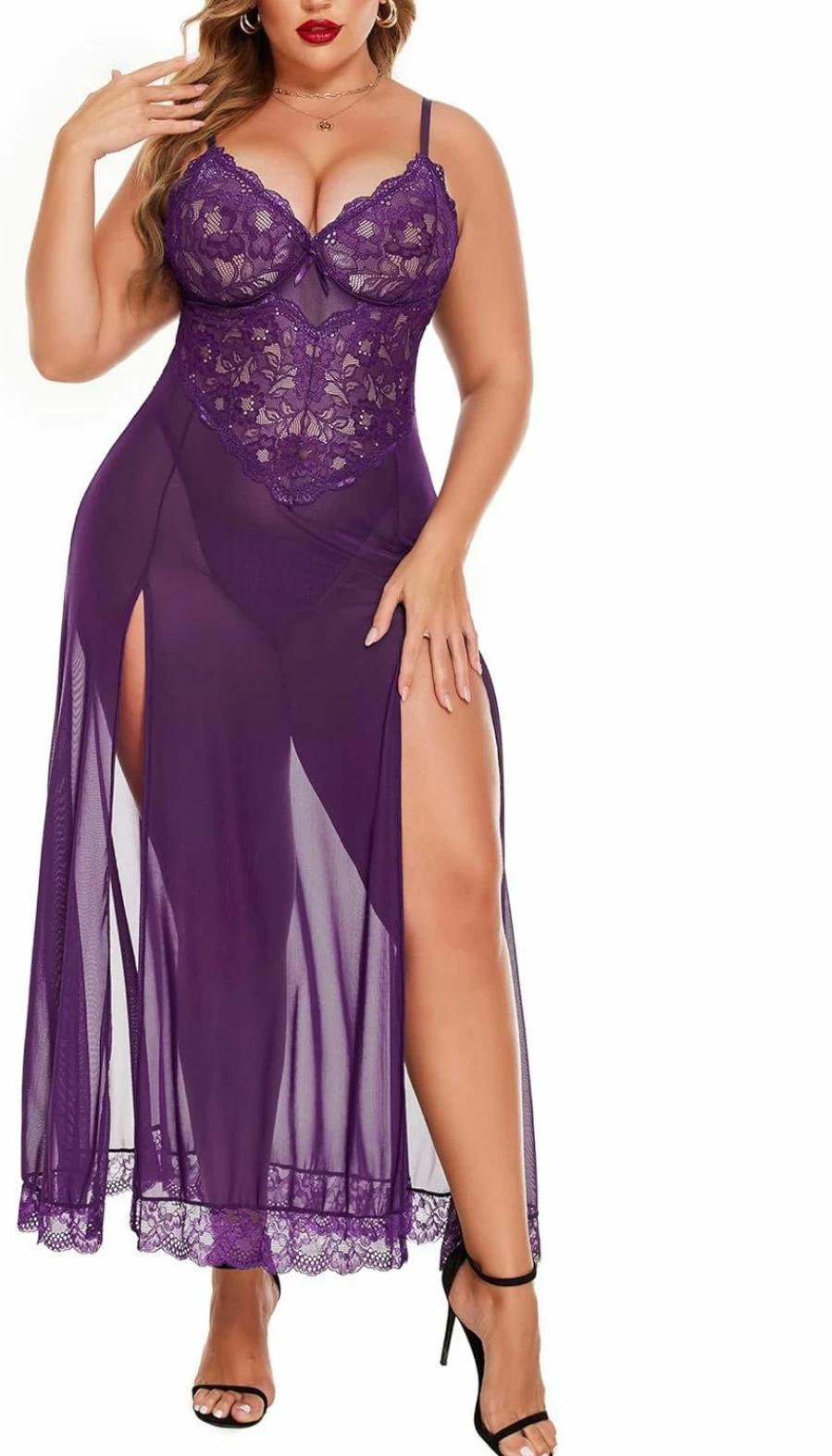 Avidlove Plus Size Sexy Babydoll Nightdress - Mesh Lingerie Sleepwear with Straps & Side Slits for Women