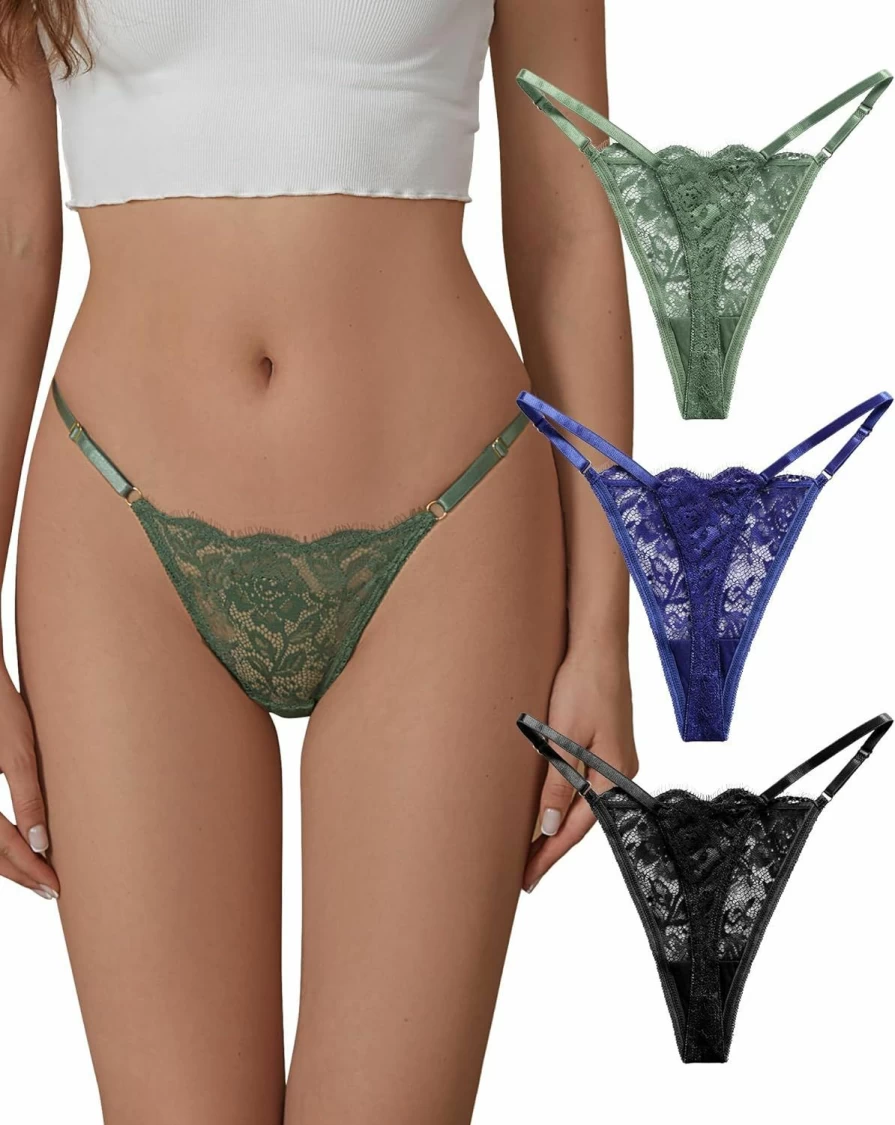 SHARICCA Women's Adjustable Lace G-String Thong Panties 3-Pack - Breathable T-Back Low Rise Underwear for Women