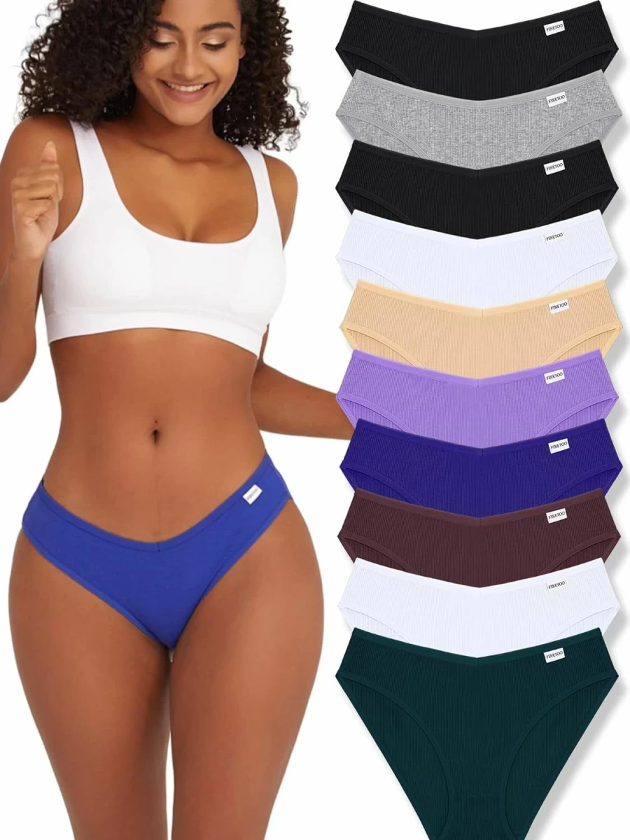 FINETOO Women's Cotton Bikini Underwear 10 Pack - Low Rise Cheeky Hipster Panties with V-Shaped Waistband, Sizes S-XL