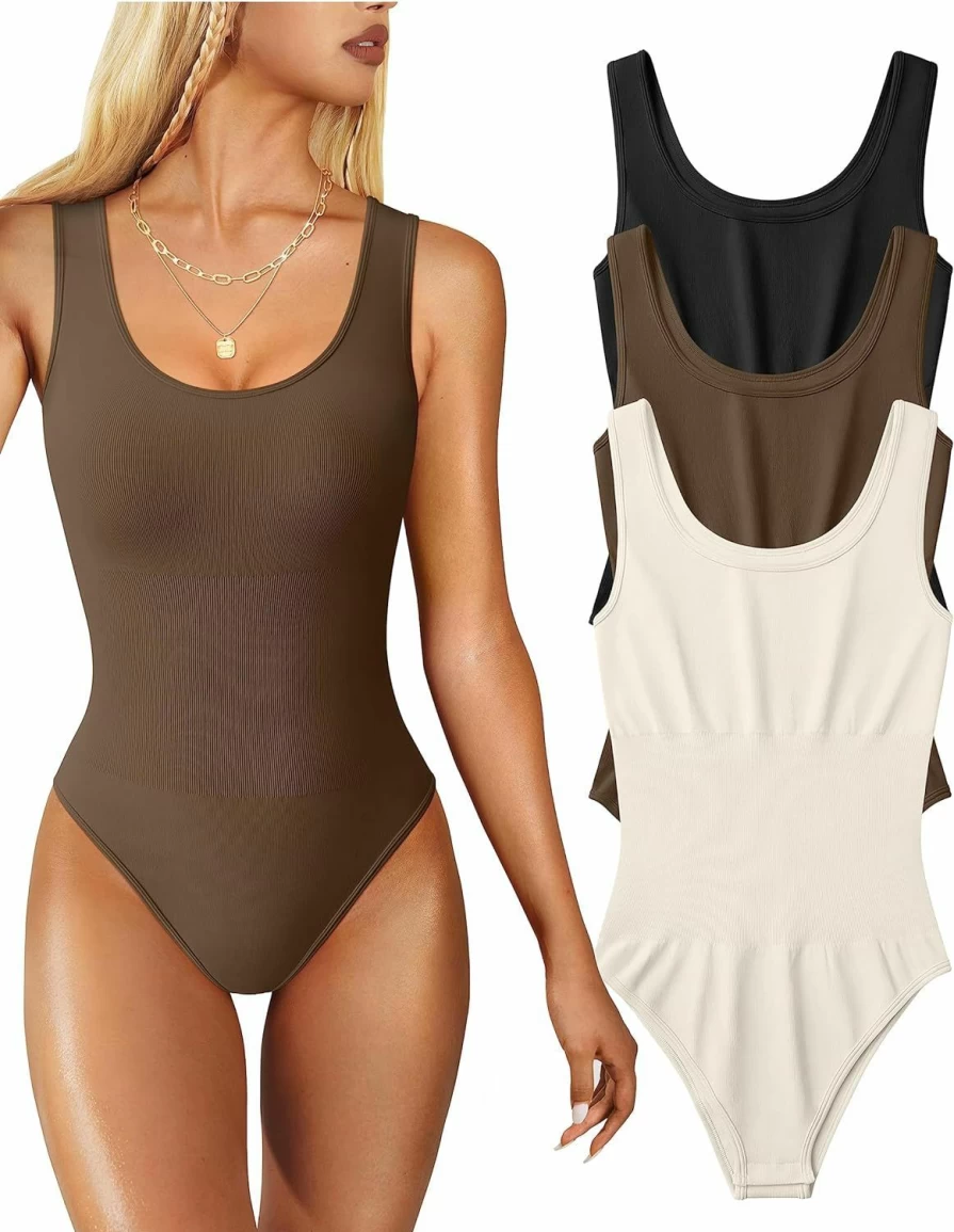 OQQ Women's 3-Piece Bodysuit Set - Sleeveless Shapewear Tops for Women, Stretchy Seamless Tank Bodysuits