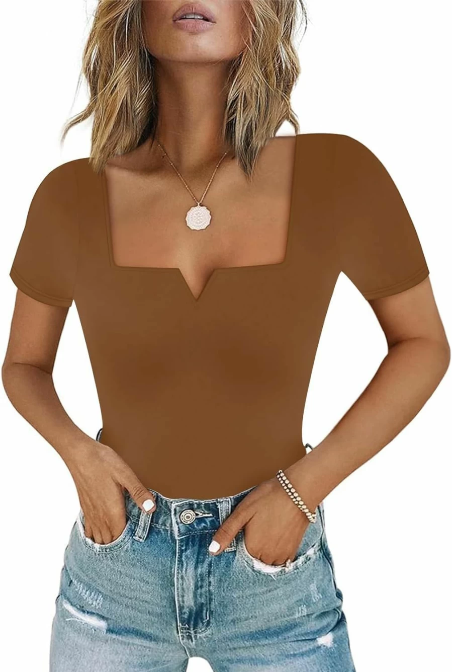 Chunpin Women's Sexy Square Neck Bodysuit - Short Sleeve Thong Tops for Women