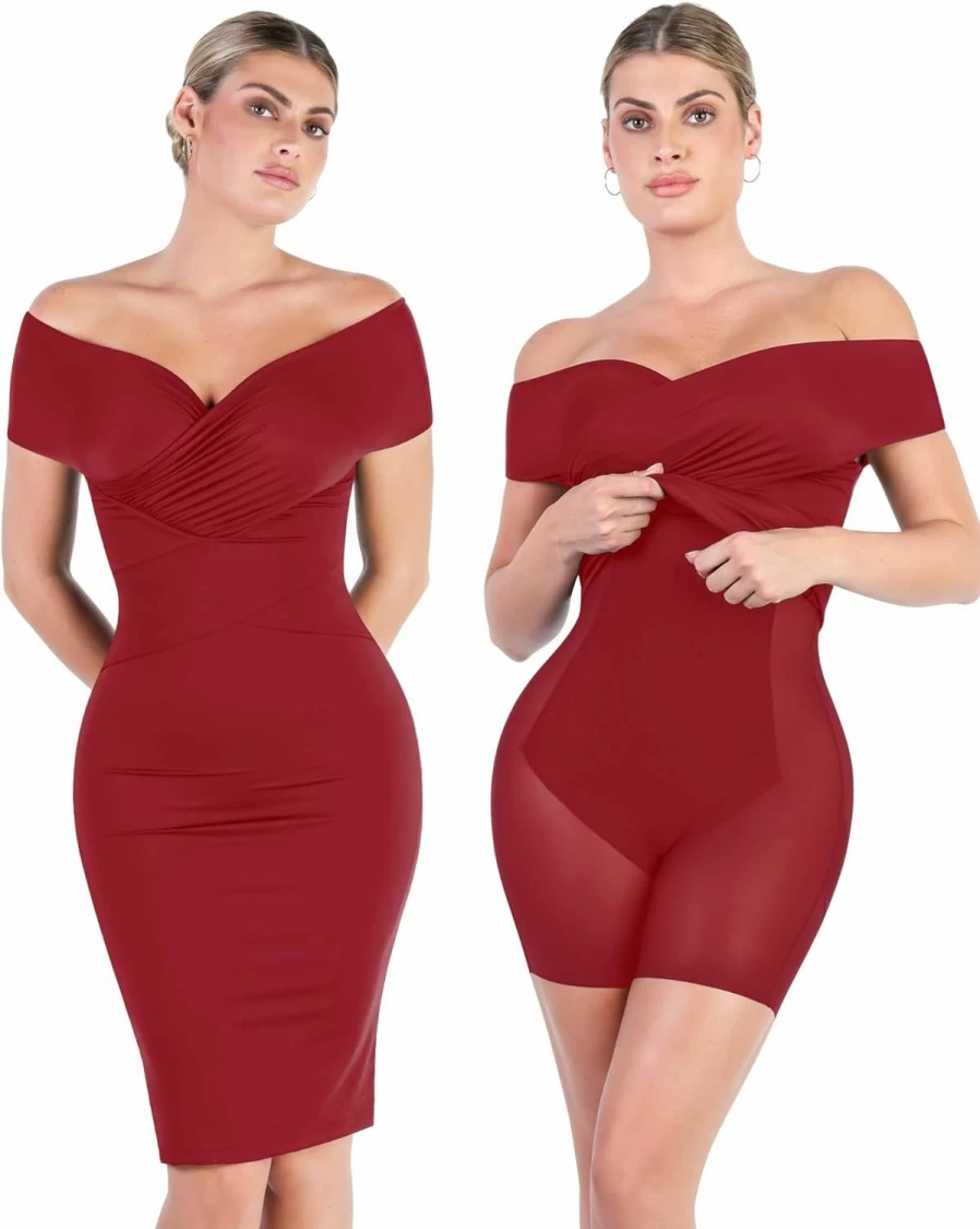 Popilush Off Shoulder Bodycon Dress with Built-In Shapewear - V Neck Ruched Midi Dress for Women, Party & Club Wear, Fall Fashion