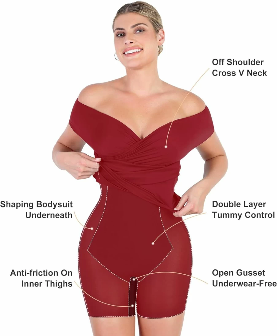 Popilush Off Shoulder Bodycon Dress with Built-In Shapewear - V Neck Ruched Midi Dress for Women, Party & Club Wear, Fall Fashion