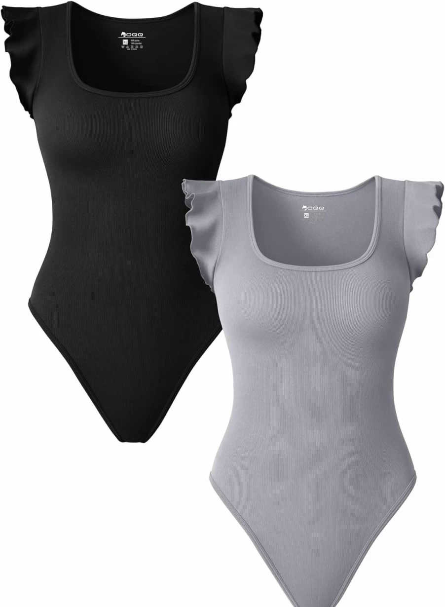 OQQ Women's Sexy Ribbed Bodysuit 2-Piece Set - Square Neck Ruffled Sleeve Stretch Tank Top