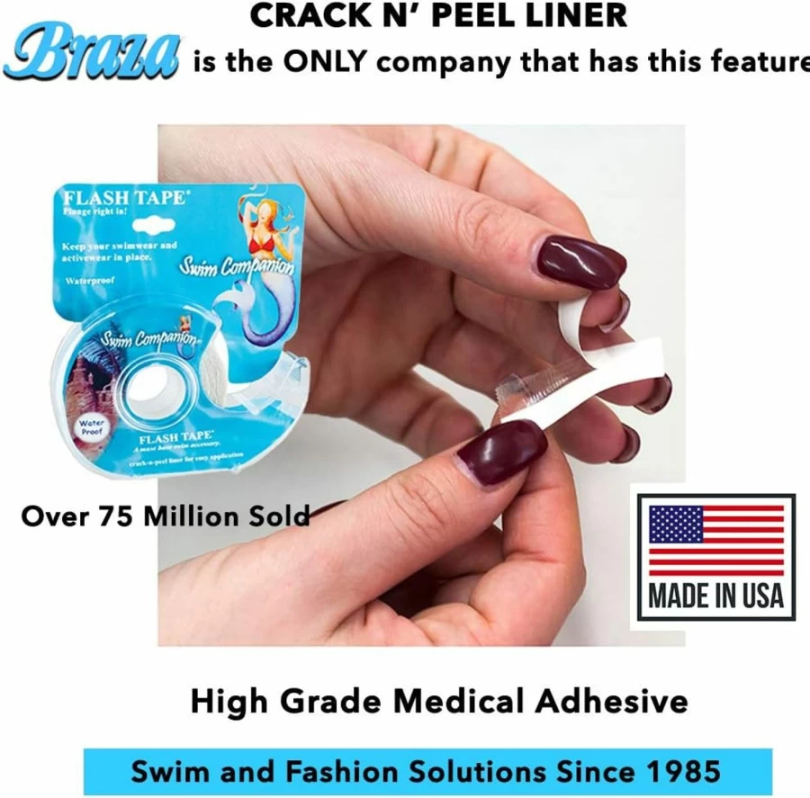 Braza Double Sided Swim Flash Tape - Clear Adhesive for Clothing, Fabric & Body with Crack N Peel Liner