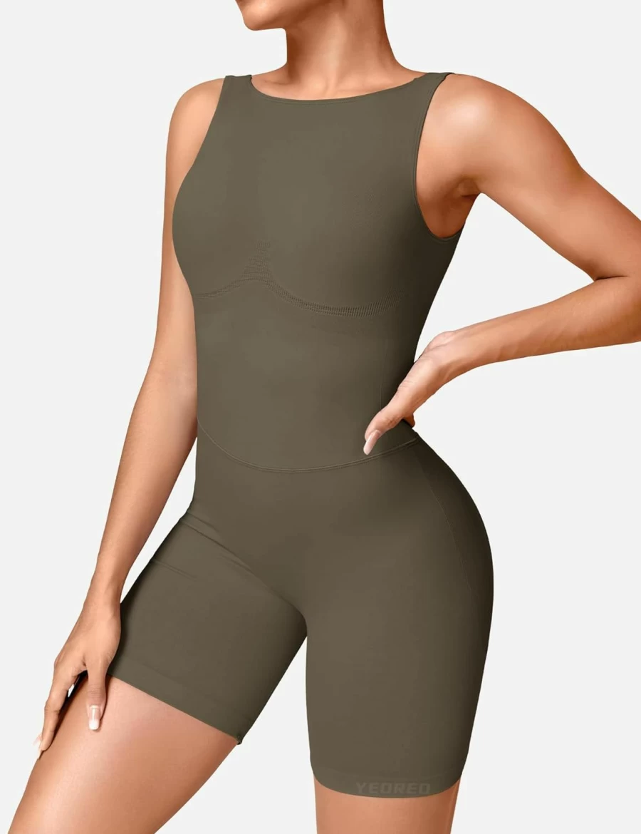 YEOREO Women's Sleeveless V-Back Jumpsuit - Backless High Neck Bodysuit for Workout & Yoga