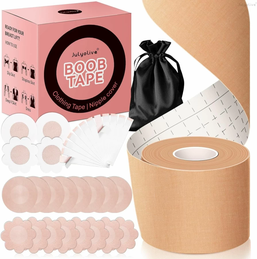 Julyolive Breast Lift Tape Kit - Adhesive Boob Tape with Nipple Petals, Breathable Push Up Bra Tape for Women, Beige Sticky Support for All-Day Wear