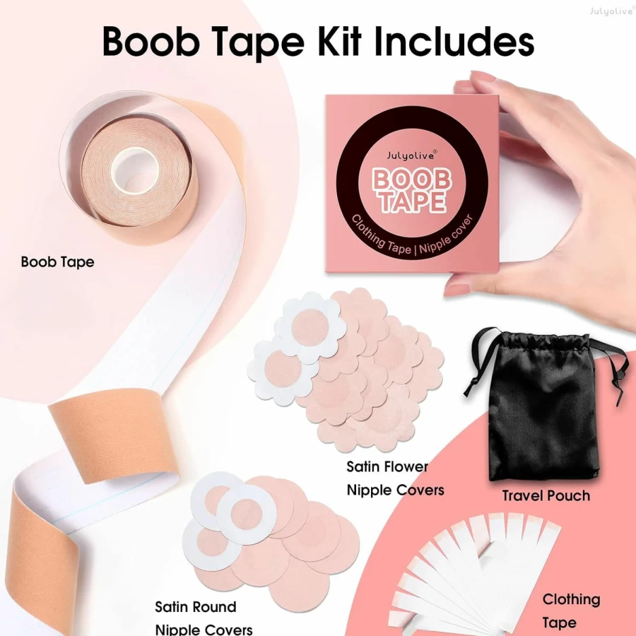Julyolive Breast Lift Tape Kit - Adhesive Boob Tape with Nipple Petals, Breathable Push Up Bra Tape for Women, Beige Sticky Support for All-Day Wear