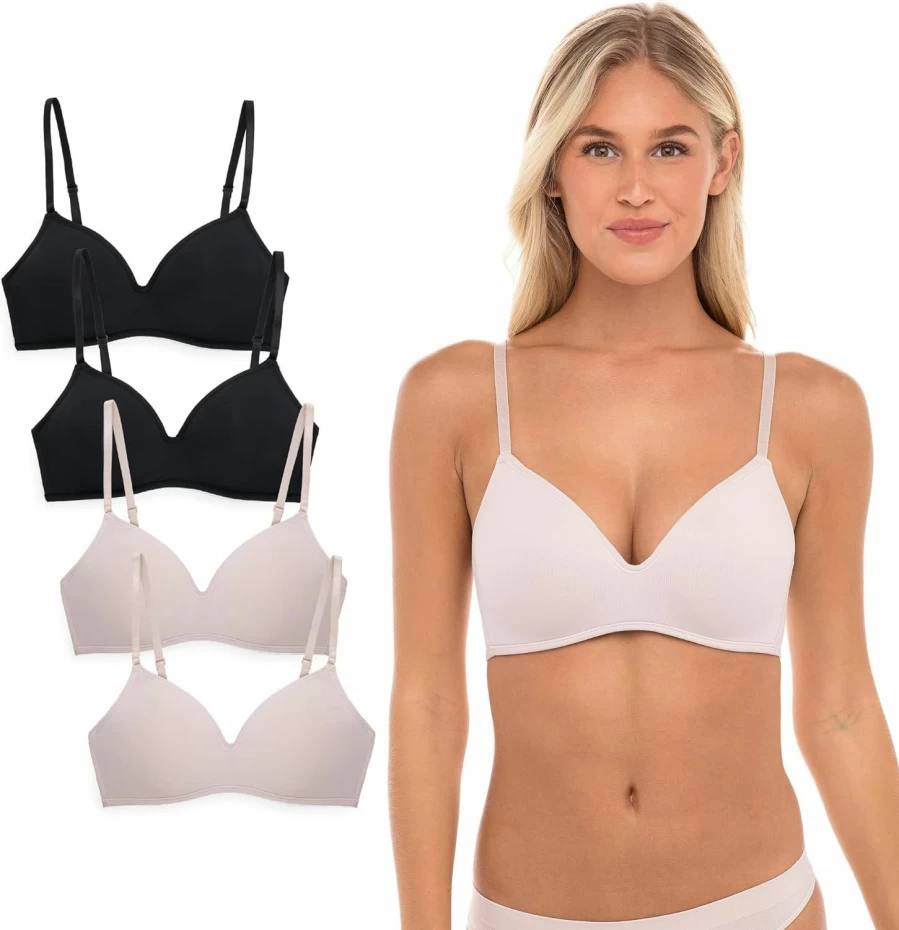 Rene Rofe Women's 4 Pack Wireless T-Shirt Bra - Soft Foam Padded Comfortable No Wire Bralette Value Set