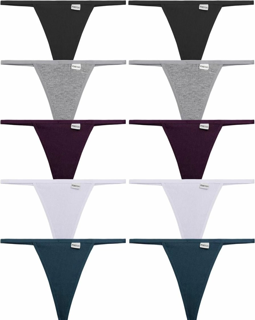 FINETOO Women's Cotton G-String Thongs 10 Pack - Stretch T-Back Tangas, Low Rise Hipster Underwear, Sexy Comfort Fit S-XL