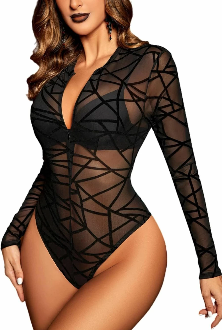Avidlove Women's Sexy Long Sleeve Mesh Bodysuit with Snap Crotch & Front Zipper - Sheer See-Through Leotard for Lingerie & Tops