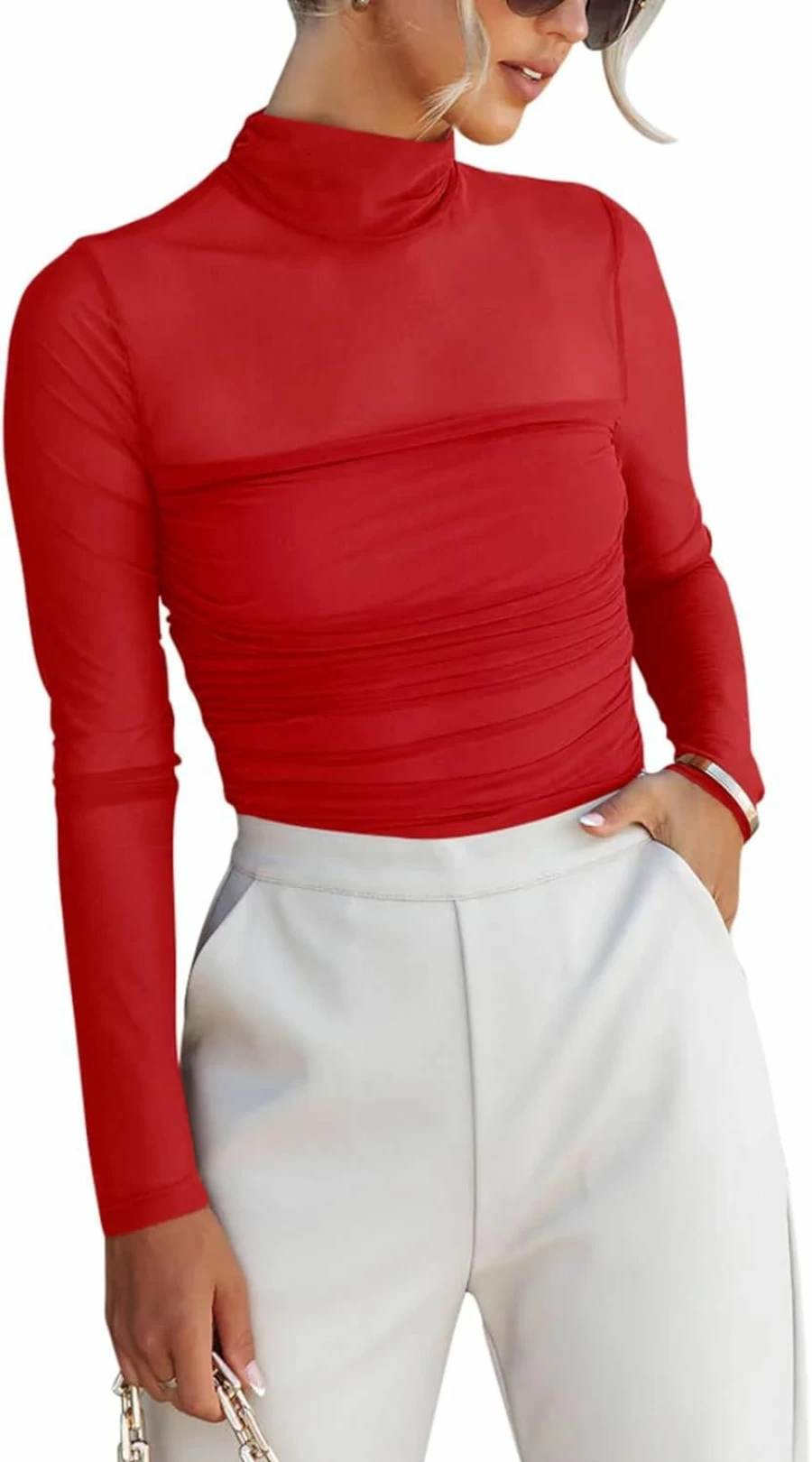 REORIA Women's Sexy Mock Neck Long Sleeve Sheer Mesh Ruched Bodysuit Top for Going Out