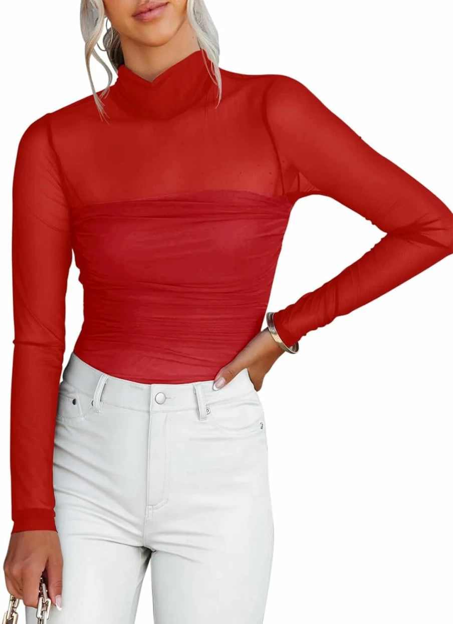 REORIA Women's Sexy Mock Neck Long Sleeve Sheer Mesh Ruched Bodysuit Top for Going Out