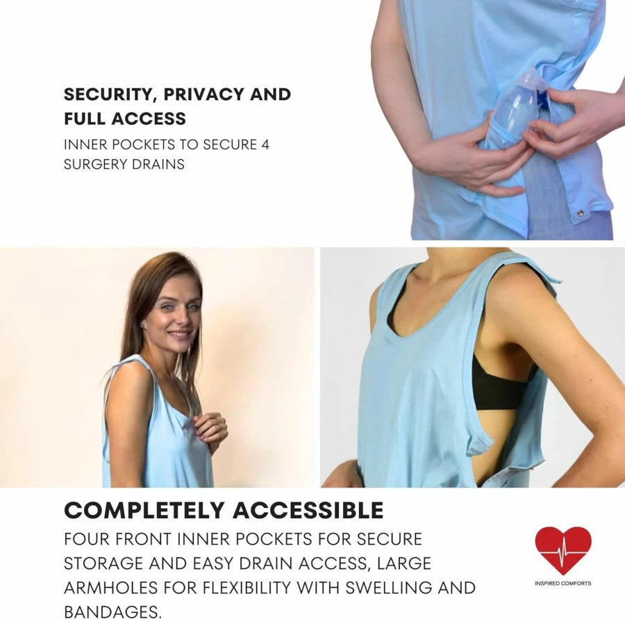 Inspired Comforts Post-Surgery Mastectomy Tank Top with Drainage Pockets & Easy-Snap Front for Recovery Comfort