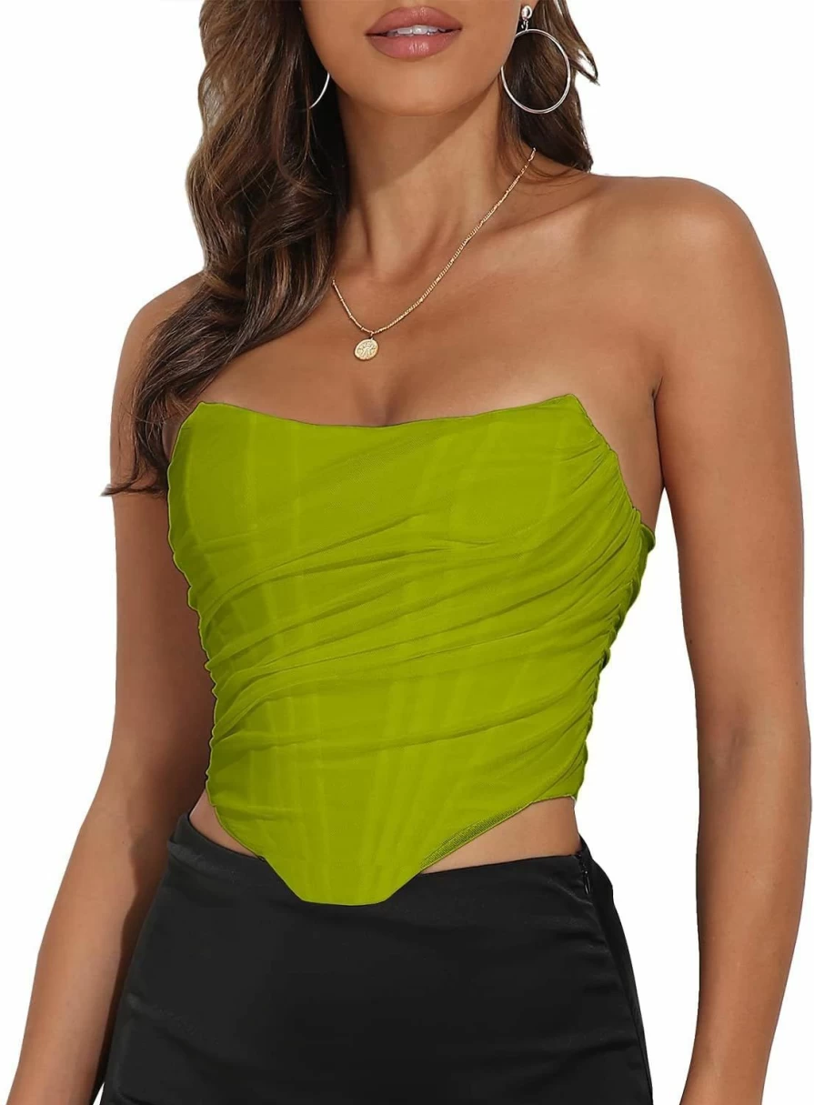 Modegal Women's Vintage Corset Top Strapless Mesh Bustier Open Back Zip Bodyshaper Crop Top