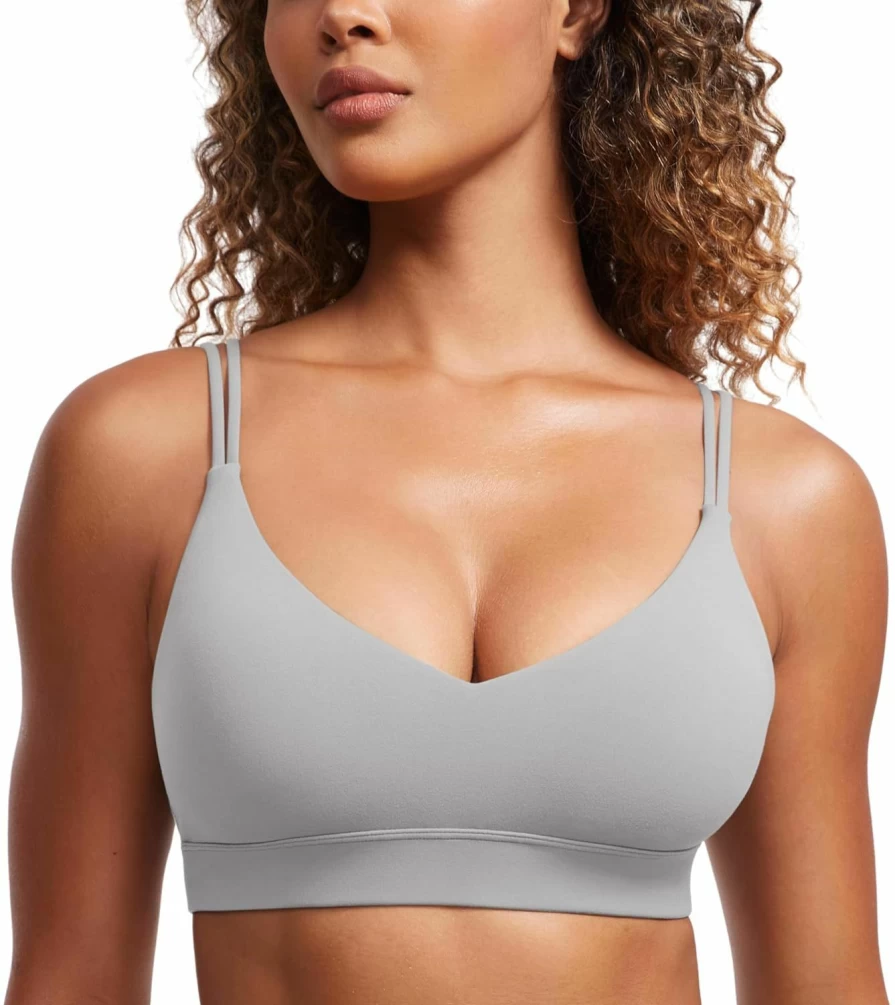 CRZ YOGA Butterluxe Women's V-Neck Sports Bra - Wireless Padded Yoga Crop Top with Thin Straps