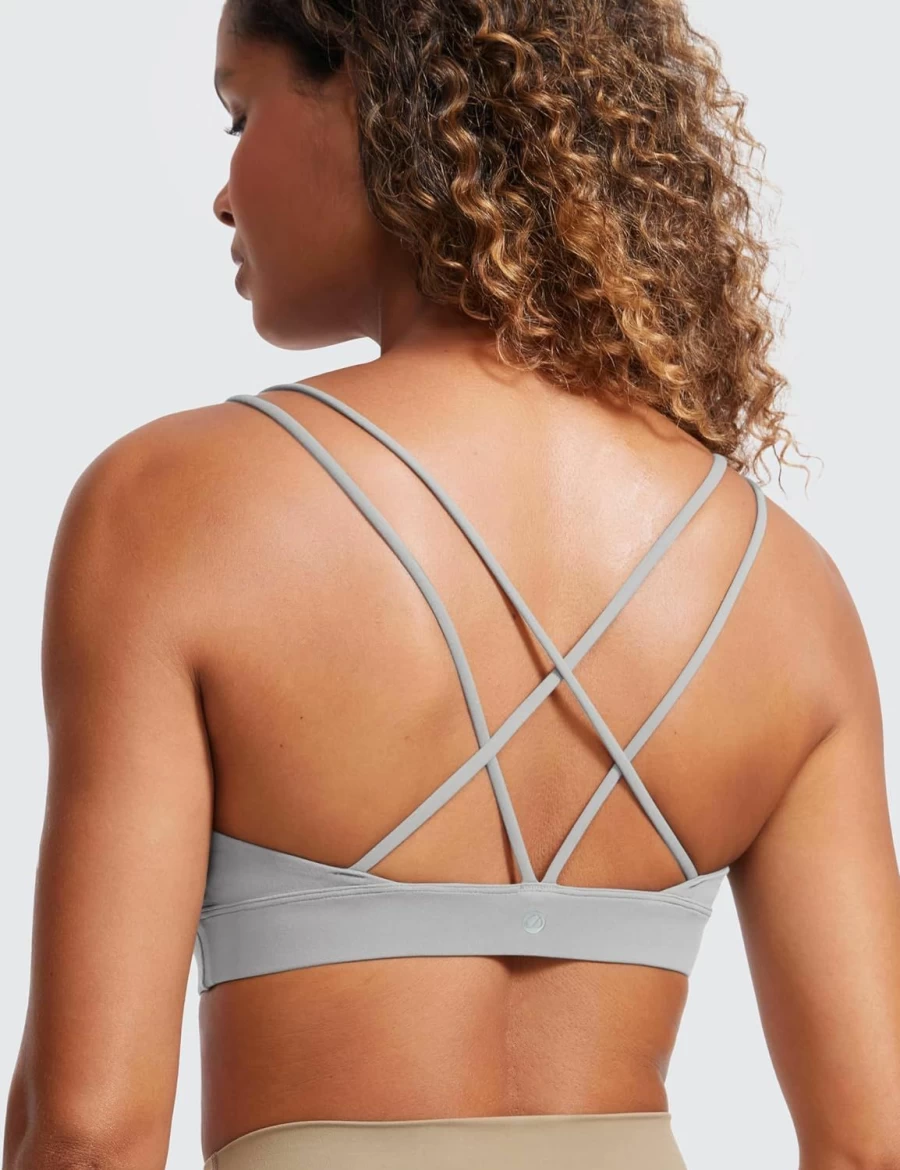 CRZ YOGA Butterluxe Women's V-Neck Sports Bra - Wireless Padded Yoga Crop Top with Thin Straps