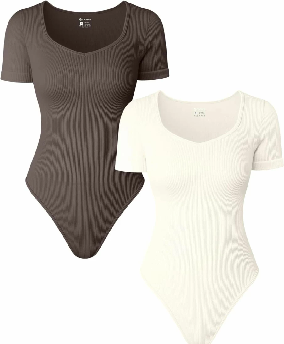 OQQ Women's Sexy Ribbed Heart Neck 2-Piece Bodysuit Set - Stretch Short Sleeve Tank Top Bodysuits
