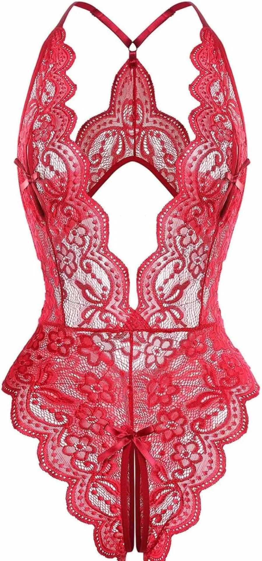 LadyIn Women's Floral Lace Babydoll Teddy Bodysuit - Sexy Deep V Lingerie One Piece