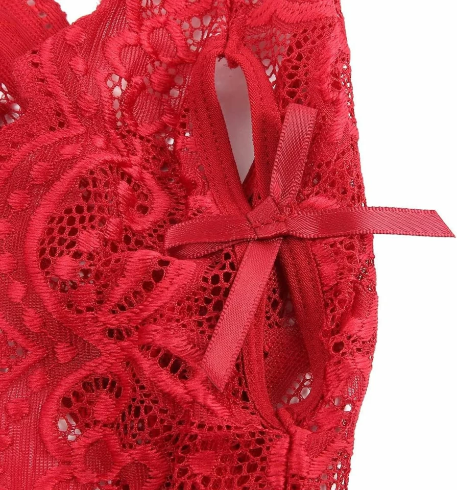 LadyIn Women's Floral Lace Babydoll Teddy Bodysuit - Sexy Deep V Lingerie One Piece