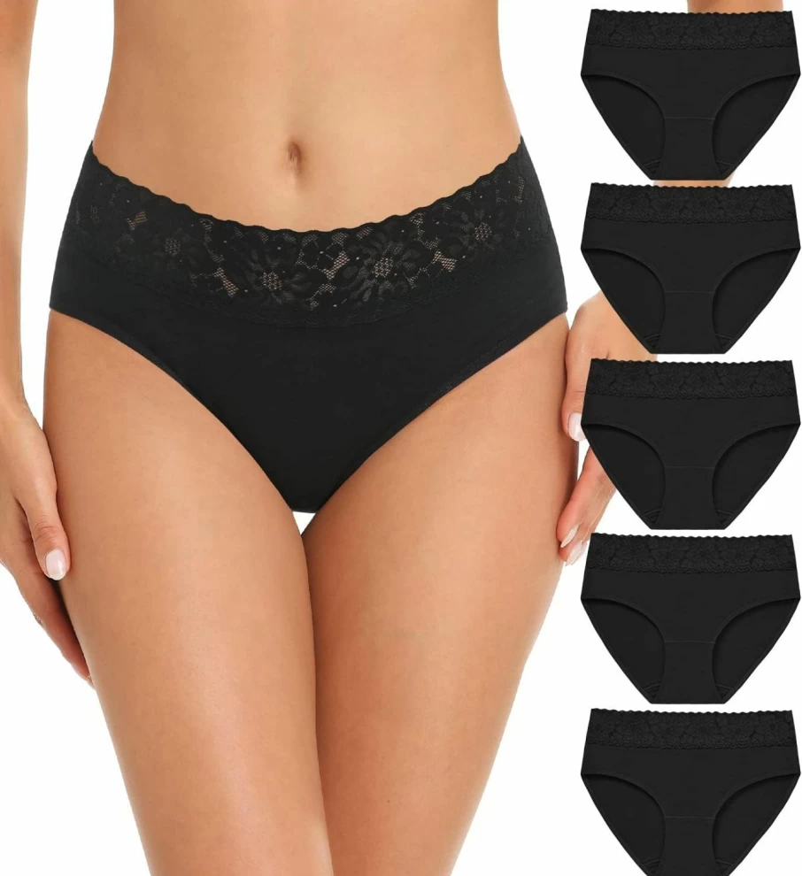 RHYFF Women's Cotton Bikini Panties 5-Pack - Soft Lace Hipster Underwear, Stretch Breathable Ladies Briefs