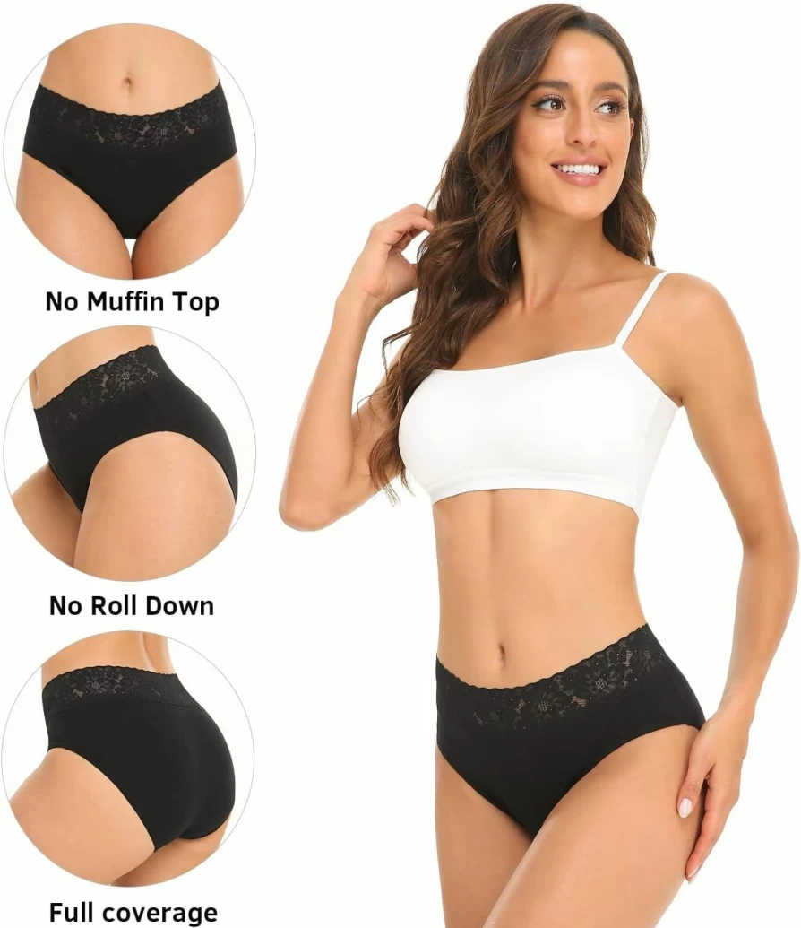 RHYFF Women's Cotton Bikini Panties 5-Pack - Soft Lace Hipster Underwear, Stretch Breathable Ladies Briefs