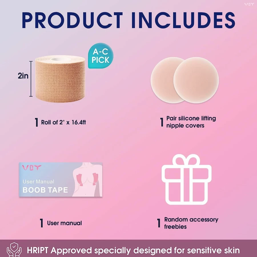 VBT Reusable Silicone Breast Lift Tape for Large Breasts A-G Cup, 2-Pack Nude Adhesive Bra Boob Tape for Support & Lift