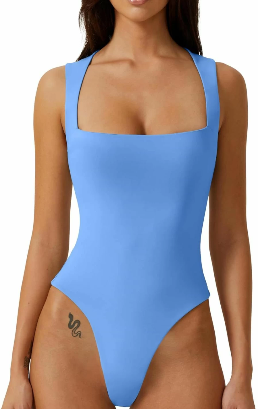QINSEN Women's Sexy Square Neck Bodysuit - Sleeveless Lined T-Shirt Top for Women