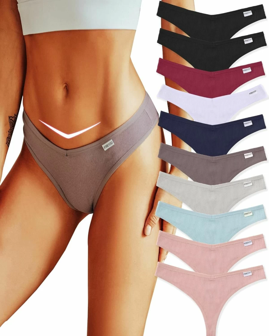 FINETOO Women's Cotton V-String Thong Underwear 10-Pack - Breathable, Stretch Hipster Panties in Sizes S-XL