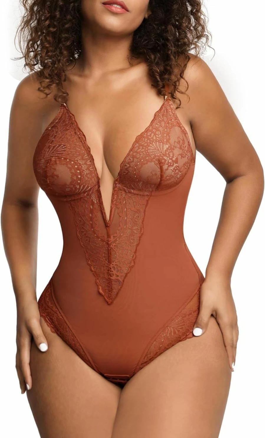 Popilush Women's Lace Shapewear Bodysuit - V Neck Tummy Control Backless Tank Top with Thong