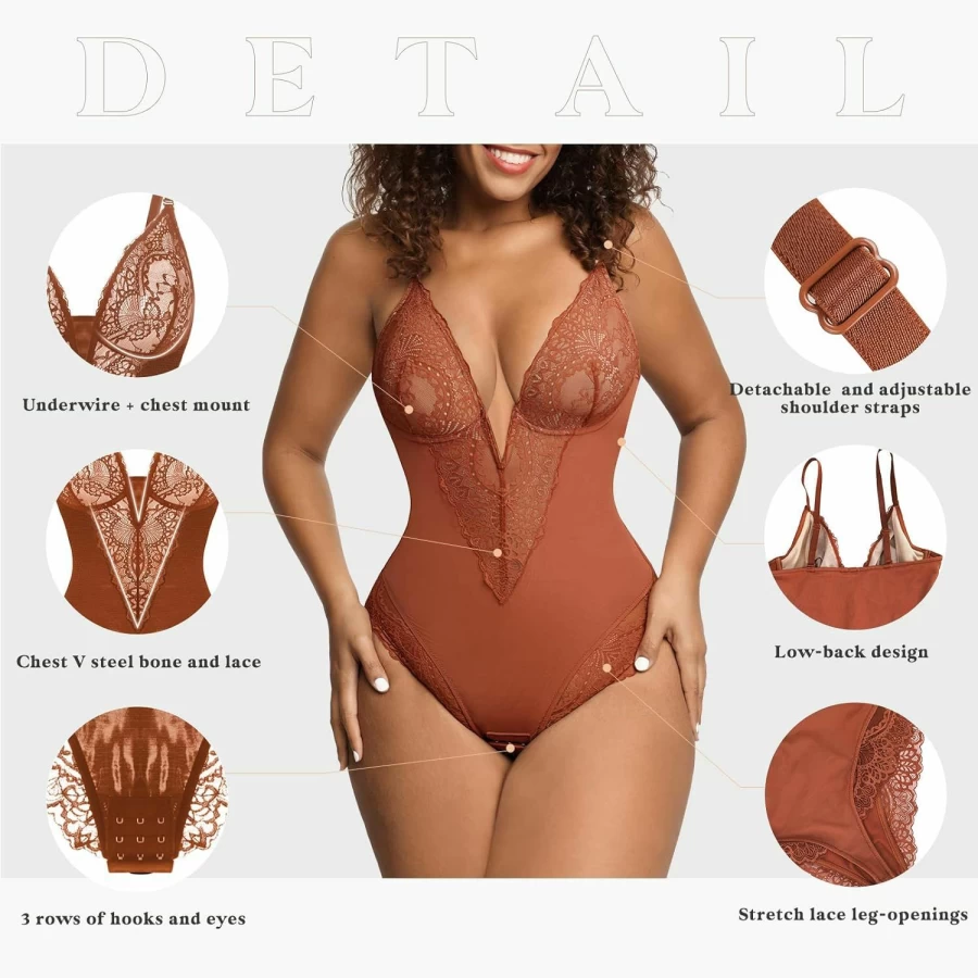 Popilush Women's Lace Shapewear Bodysuit - V Neck Tummy Control Backless Tank Top with Thong