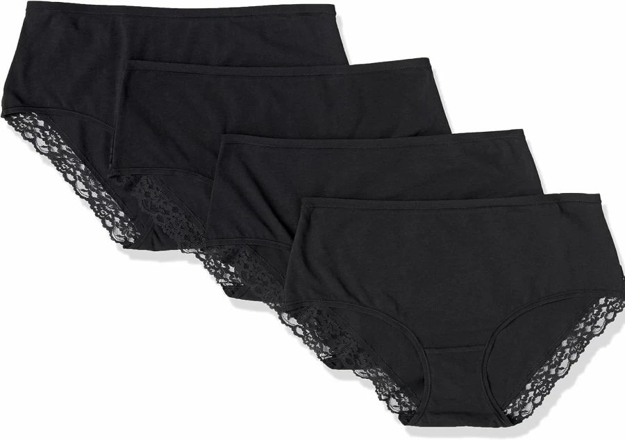 Amazon Essentials Women's Soft Cotton & Lace Midi Brief Underwear 4-Pack - Comfortable Ladies Panties Multipack