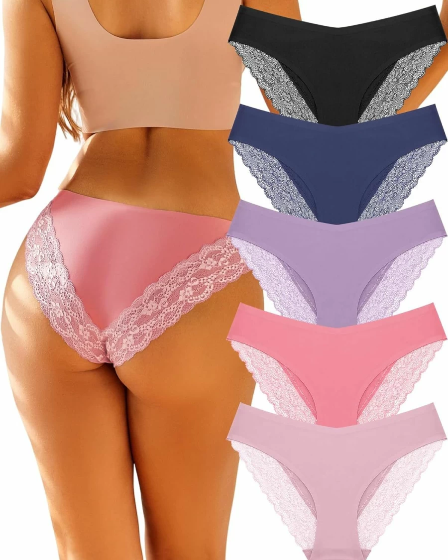 FINETOO Women's Lace Hipster Panties 5-Pack - Seamless No Show V-Cut Bikini Underwear, Sexy Cheeky Briefs S-XL