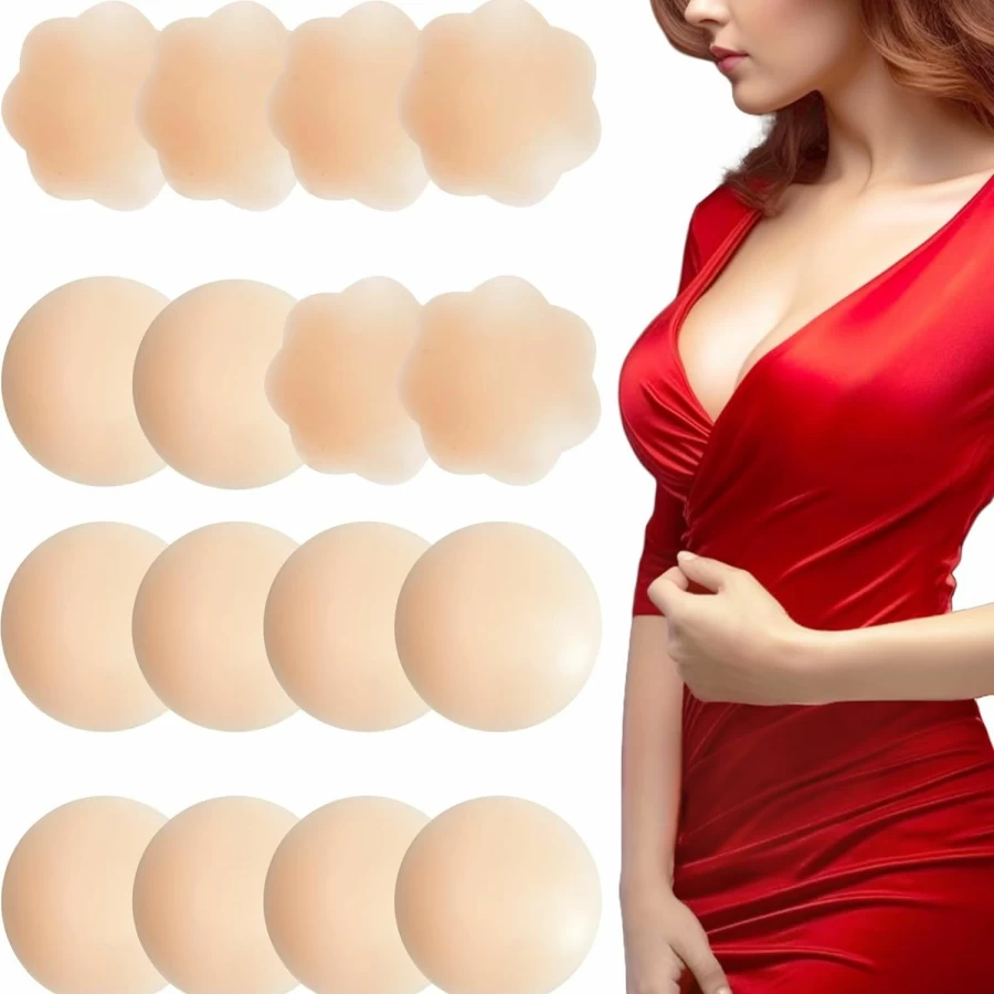 GTOGNLU 8 Pairs Silicone Nipple Covers for Women - Adhesive, Invisible, Reusable Pasties - Includes 5 Round & 3 Flower Shapes - Nude Breast Petals for Comfort & Discretion