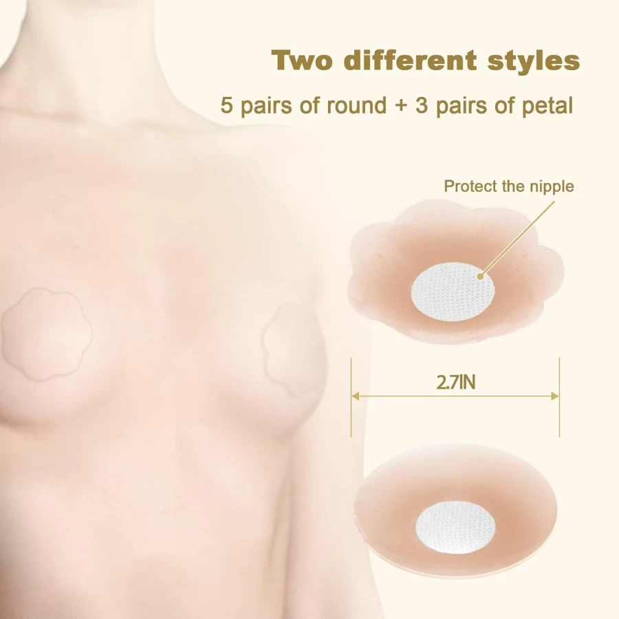 GTOGNLU 8 Pairs Silicone Nipple Covers for Women - Adhesive, Invisible, Reusable Pasties - Includes 5 Round & 3 Flower Shapes - Nude Breast Petals for Comfort & Discretion