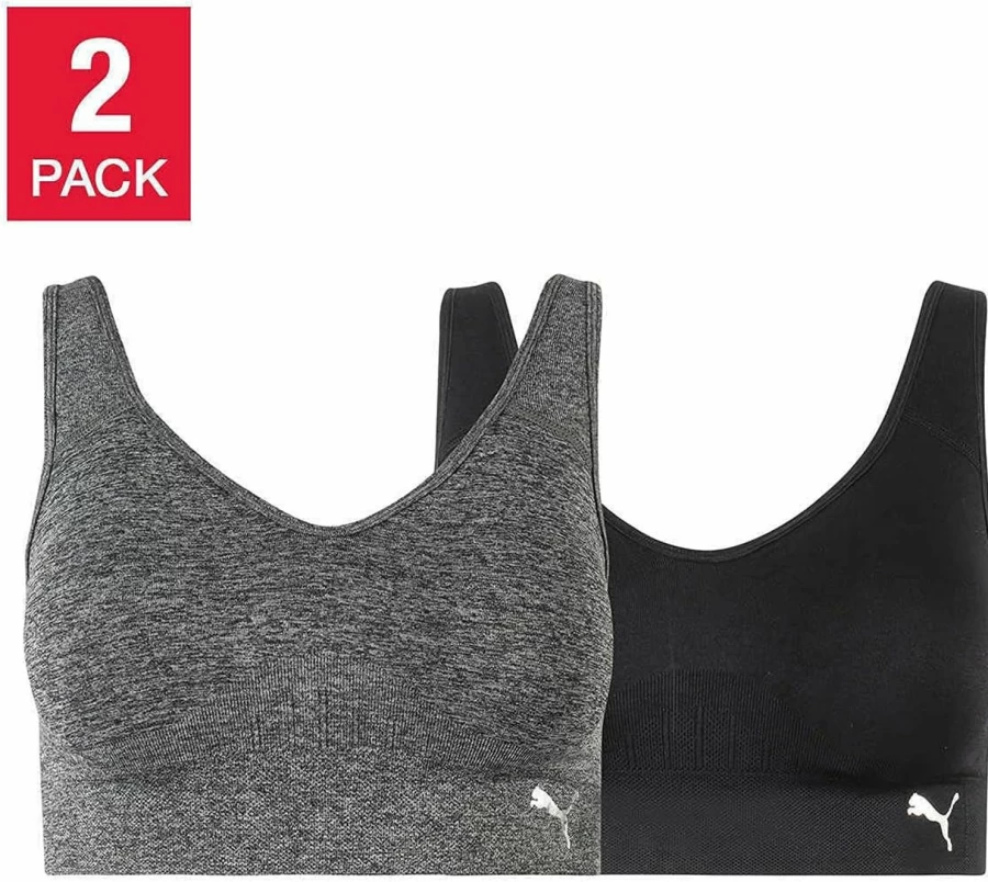 Puma Women's Seamless Convertible Sports Bra 2-Pack - AS1 Alpha, Medium, Black/Gray - Comfortable & Supportive Workout Bra for Yoga, Running, Gym
