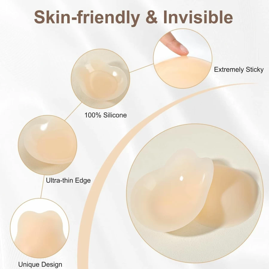 AMFLOWER Silicone Adhesive Bra - Push Up Sticky Bra for Backless Dresses, Strapless Invisible Bra with Nipple Covers, Washable & Reusable