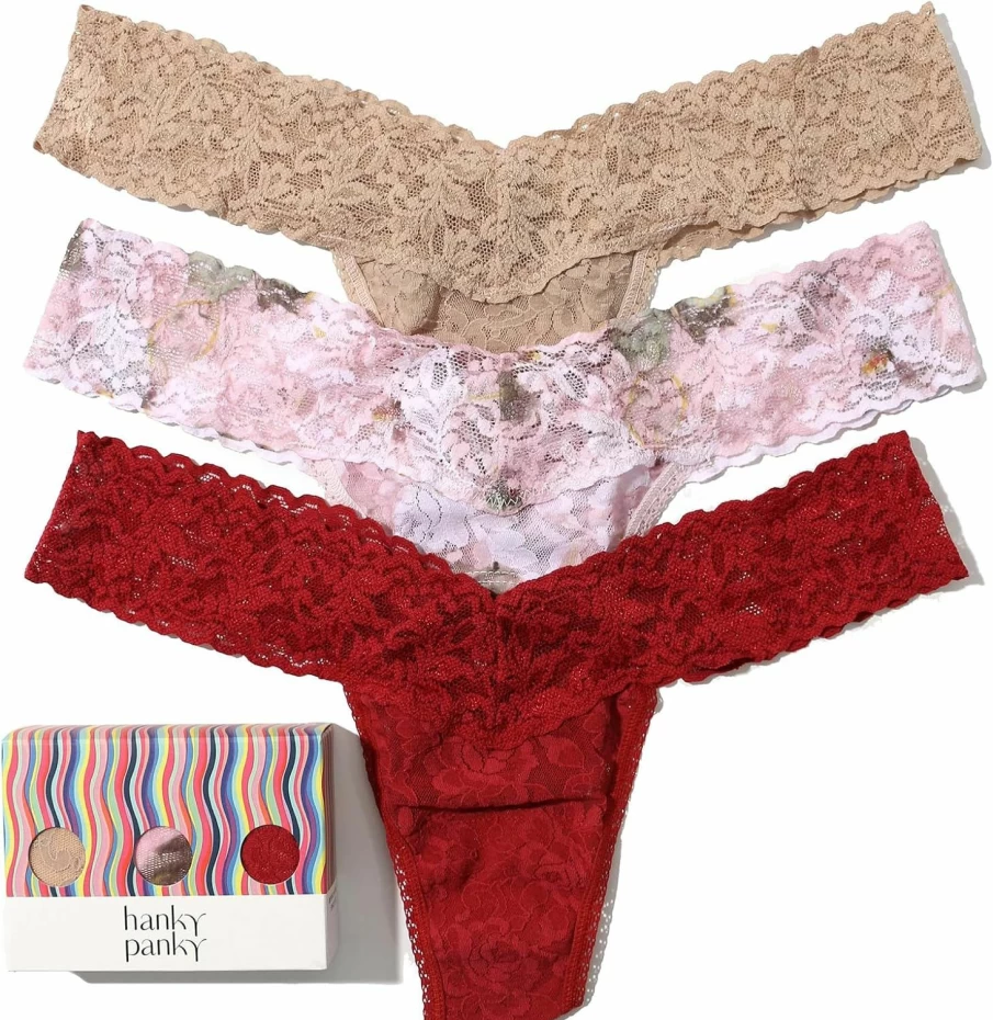 Hanky Panky Signature Low Rise Lace Thong 3-Pack - One Size Fits Most (2-12) - Soft Comfortable Women's Underwear