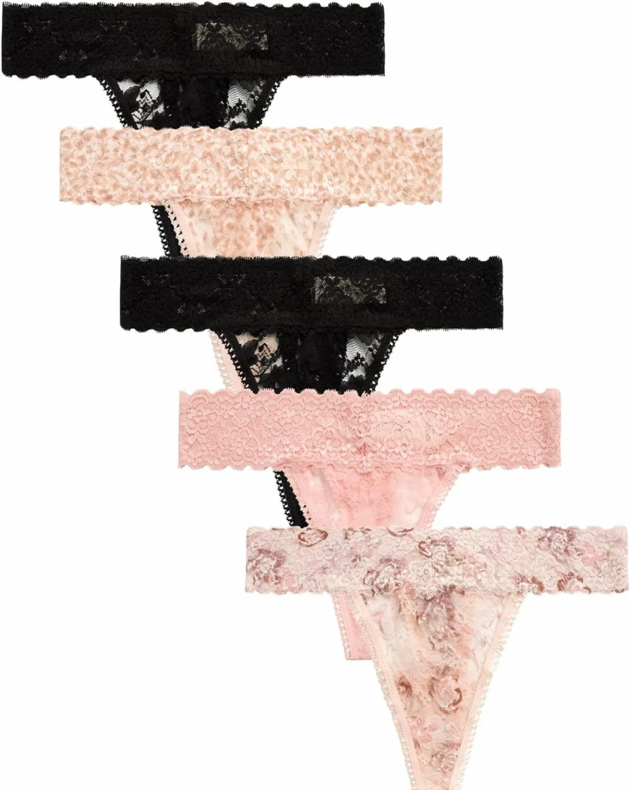 Jessica Simpson Women's 5-Pack Stretch Microfiber Lace Thong Panties | Comfortable Underwear for Everyday Wear | Sizes S-XL