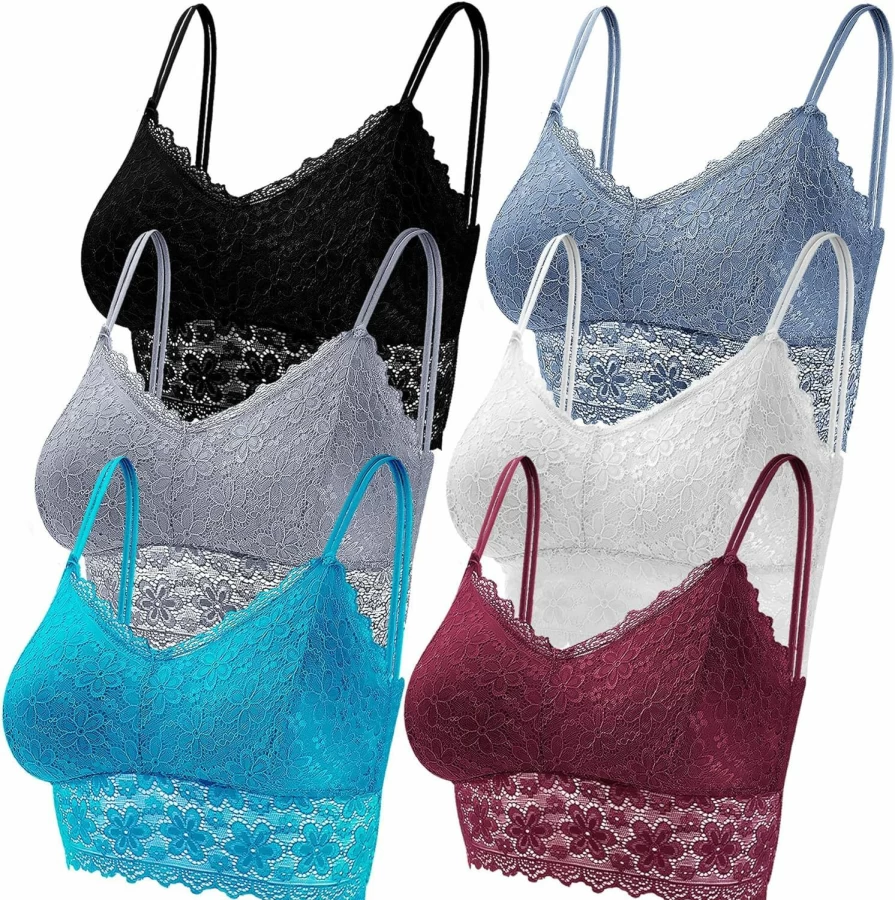 Duufin Women's Lace Bralette 6-Pack with Adjustable Straps & Removable Padding