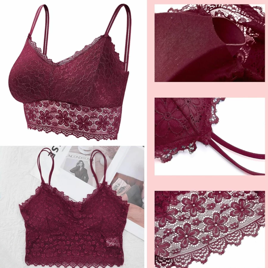 Duufin Women's Lace Bralette 6-Pack with Adjustable Straps & Removable Padding